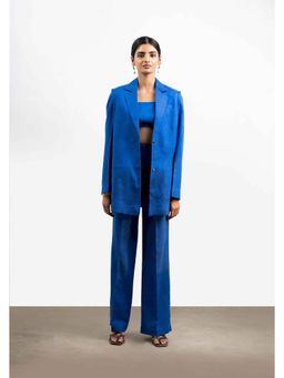THISISDEHI - Blue Linen Blend Notched Lapel Plain Blazer with Top and Pant