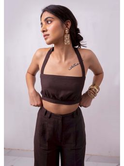 THISISDEHI - Women Brown Linen Blend Plain Shoulder Straps Crop Top