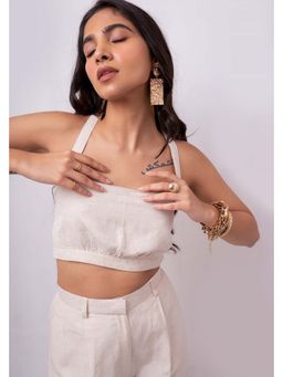 THISISDEHI - Women Off White Linen Blend Plain Shoulder Straps Crop Top