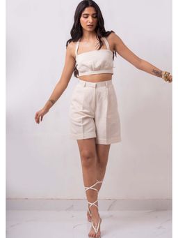 THISISDEHI - Off White Linen Blend Halter Neck Plain Top and Shorts