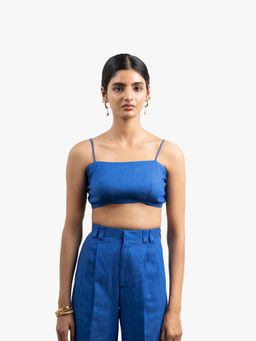THISISDEHI - Women Blue Linen Blend Plain Shoulder Straps Crop Top