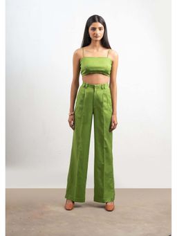 THISISDEHI - Women Green Linen Blend Plain Shoulder Straps Crop Top