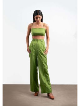THISISDEHI - Green Linen Blend Shoulder Straps Plain Top and Pant