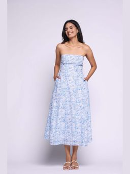 THISISDEHI - Women Blue Pure Cotton Off Shoulder Abstract A-Line Midi Dress