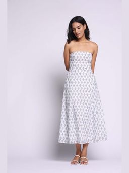 THISISDEHI - Women White Pure Cotton Off Shoulder Printed A-Line Midi Dress