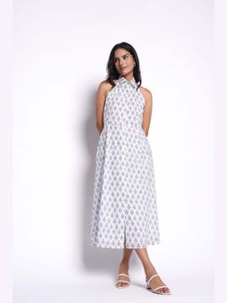 THISISDEHI - Women White Pure Cotton Collar Neck Printed A-Line Midi Dress