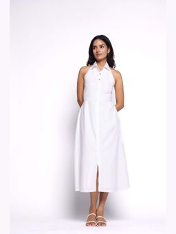 THISISDEHI - Women White Pure Cotton Collar Neck Plain A-Line Midi Dress