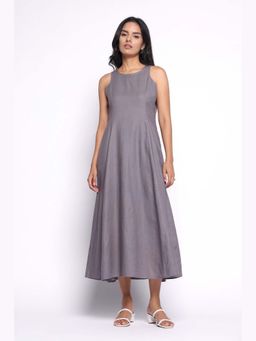 THISISDEHI - Women Grey Pure Cotton Round Neck Plain A-Line Midi Dress