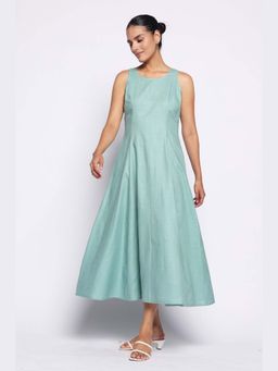 THISISDEHI - Women Green Pure Cotton Round Neck Plain A-Line Midi Dress