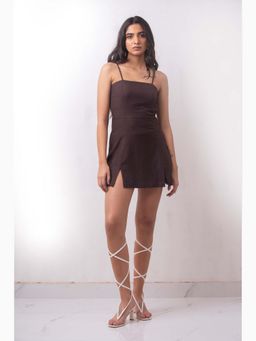 THISISDEHI - Women Brown Linen Blend Shoulder Straps Plain Bodycon Mini Dress