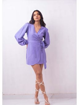 THISISDEHI - Women Purple Linen Blend V-Neck Plain Wrap Mini Dress