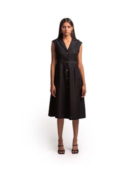 THISISDEHI - Women Black Linen Blend Notched Lapel Plain A-Line Midi Dress