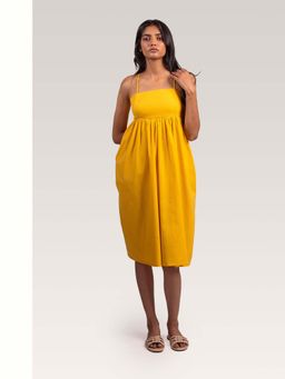 THISISDEHI - Women Yellow Linen Blend Shoulder Straps Plain A-Line Midi Dress