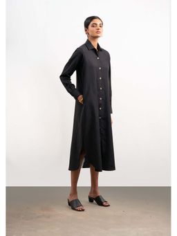 THISISDEHI - Women Black Linen Blend Collar Neck Plain Shirt Midi Dress