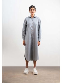 THISISDEHI - Women Blue Linen Blend Collar Neck Plain Shirt Midi Dress