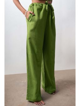 THISISDEHI - Women Green Linen Blend Plain High Waist Straight Fit Pant