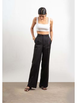 THISISDEHI - Women Black Linen Blend Plain High Waist Straight Fit Pant