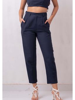 THISISDEHI - Women Navy Blue Linen Blend Plain High Waist Tapered Fit Pant
