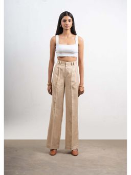 THISISDEHI - Women Beige Linen Blend Plain High Waist Straight Fit Pant
