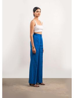 THISISDEHI - Women Blue Linen Blend Plain High Waist Straight Fit Pant