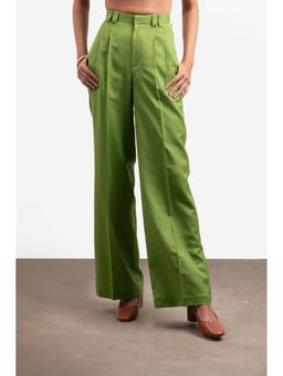 THISISDEHI - Women Green Linen Blend Plain High Waist Straight Fit Pant