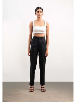 THISISDEHI - Women Black Linen Blend Plain High Waist Tapered Fit Pant