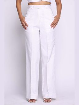 THISISDEHI - Women White Pure Cotton Plain High Waist Straight Fit Pant