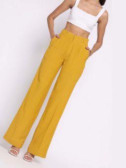 THISISDEHI - Women Mustard Linen Blend Plain High Waist Straight Fit Pant