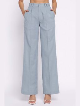 THISISDEHI - Women Blue Linen Blend Plain High Waist Straight Fit Pant