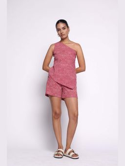 THISISDEHI - Pink Cotton One Shoulder Abstract Top and Shorts