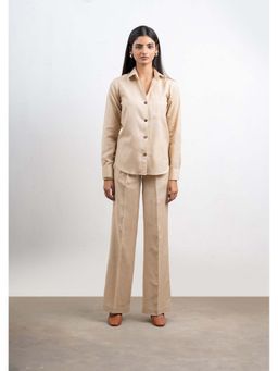 THISISDEHI - Beige Linen Blend Collar Neck Plain Shirt and Pant