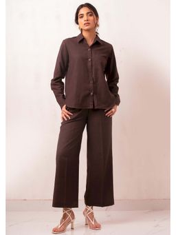 THISISDEHI - Brown Linen Blend Collar Neck Plain Shirt and Pant