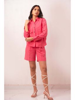 THISISDEHI - Pink Linen Blend Collar Neck Plain Shirt and Short