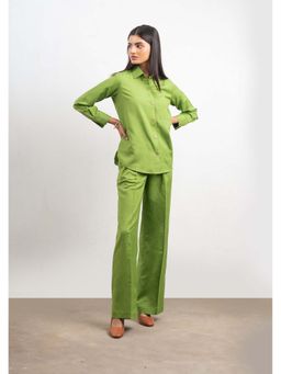 THISISDEHI - Green Linen Blend Collar Neck Plain Shirt and Pant