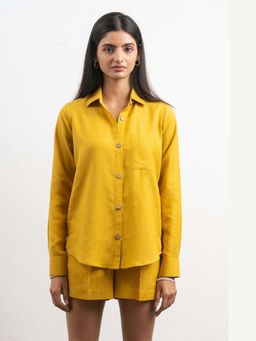 THISISDEHI - Mustard Linen Blend Collar Neck Plain Co-Ord Sets