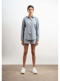 THISISDEHI - Blue Linen Blend Collar Neck Plain Shirt and Shorts
