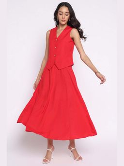 THISISDEHI - Red Linen V-Neck Plain Waistcoat and Skirt