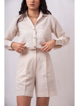 THISISDEHI - Off White Linen Blend Straight Fit Shorts