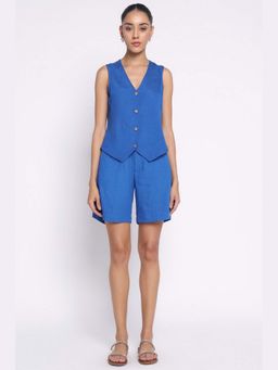 THISISDEHI - Blue Linen V-Neck Plain Waistcoat and Shorts