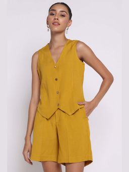 THISISDEHI - Mustard Linen Blend V-Neck Plain Waistcoat and Shorts