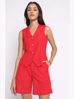 THISISDEHI - Red Linen Blend V-Neck Plain Waistcoat and Shorts