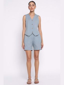 THISISDEHI - Blue Linen Blend V-Neck Plain Waistcoat and Shorts