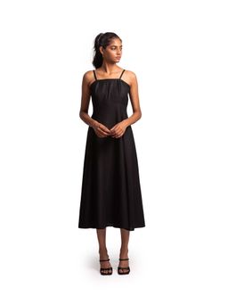 THISISDEHI - Women Black Linen Blend Shoulder Straps Plain A-Line Midi Dress