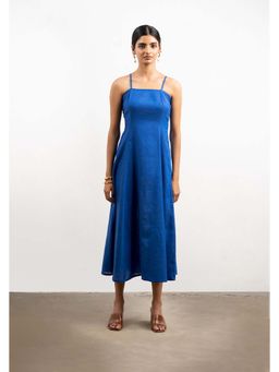 THISISDEHI - Women Blue Linen Blend Shoulder Straps Plain A-Line Midi Dress