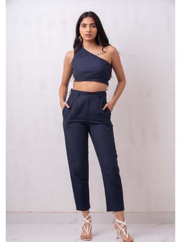 THISISDEHI - Navy Blue Linen Blend One Shoulder Plain Top and Pant