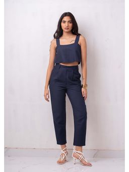 THISISDEHI - Navy Blue Linen Square Neck Plain Top and Pant