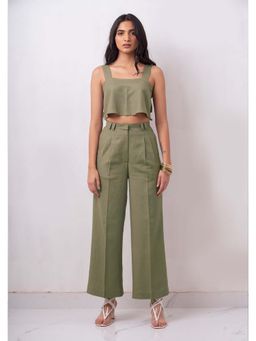THISISDEHI - Olive Linen Square Neck Plain Top and Pant