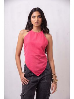 THISISDEHI - Women Pink Linen Blend Plain Halter Neck Crop Top