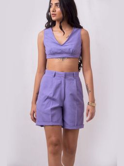 THISISDEHI - Women Purple Linen Blend Plain V-Neck Crop Top