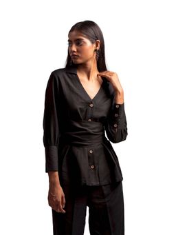 THISISDEHI - Women Black Linen Blend Plain Collar Neck Top